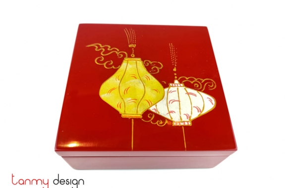 Red square lacquer box hand painted with lanterns